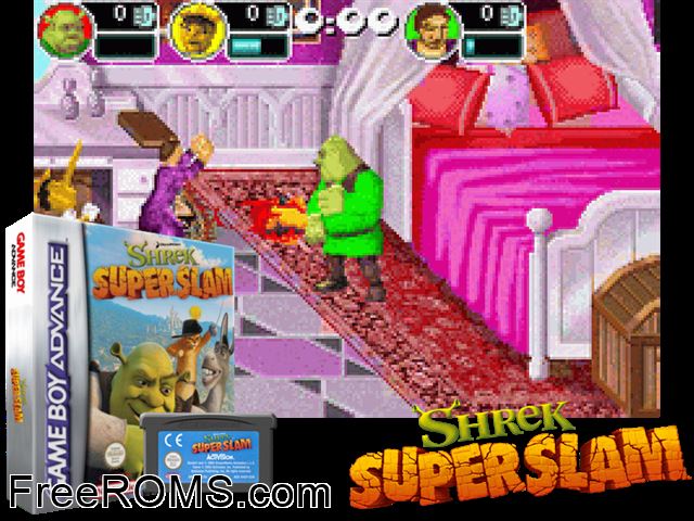 Shrek - Super Slam Gameboy Advance game showing 3D box cover and gameplay screenshot